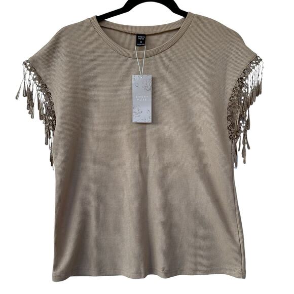 Emery Rose Boho Sleeveless Top Womens Sz M Tan Waffle Knit Crocheted Tassled - Picture 1 of 8